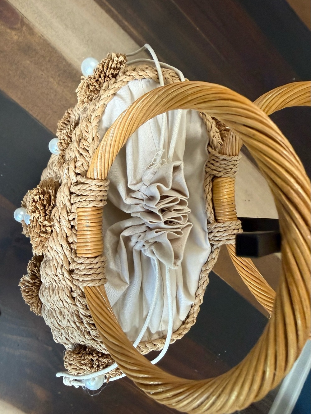 Natural Raffia Round Tote with Pearl Pom-Poms - Picture 2 of 7